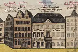 Ausschnitt aus einer historischen Karte, farbig gezeichnete Fassaden, mit handschriftlichen Notizen, z.&nbsp;B. „Palast des Herzogs von Brabant“ oder „goldene Gans“