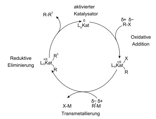 Mechanismus der Kreuzkupplungsreaktion *Kat = Pd, Pt, Ni *X = Abgangsgruppe *R = Aryl, Alkenyl, Acetylenyl