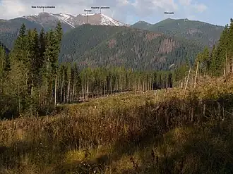 Die Krížna von einem Standort bei Podbanské heraus gesehen, hier polnisch Krzyżne Liptowskie beschriftet