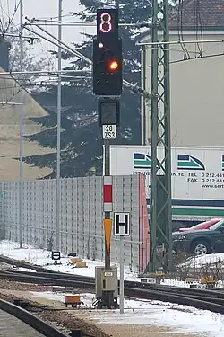Ks-Signal (Mehrabschnittsignal) in Ingolstadt Nord in der Funktion eines Haupt- und Vorsignals. Signalbegriff: Fahrt mit 80&nbsp;km/h,Halt erwarten (Ks&nbsp;2 mit Zs&nbsp;3) im verkürzten Bremswegabstand.