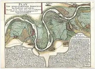 Kühkopf und Knoblochsaue auf einer Karte von 1738