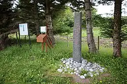 Foto eines hohen, schmalen Steins, auf dessen Vorderseite ein rotes Kreuz eingeritzt ist