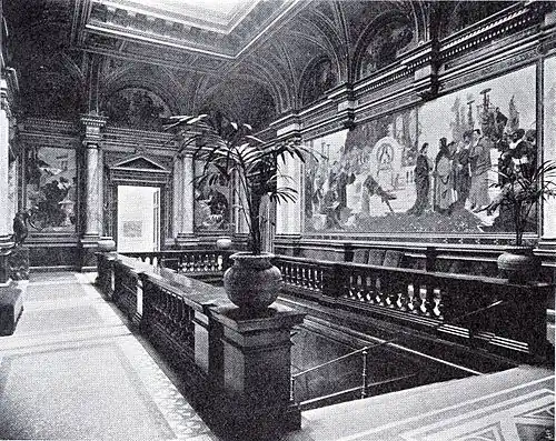 Treppenhaus vor 1904, rechts das verschollene Wandgemälde Die Kunst in der Renaissance von Carl Gehrts