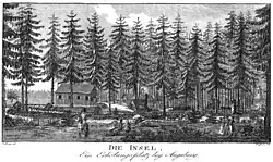 Die „Insel“ kurz nach 1802. Rechts am Bildrand ist das neue Denkmal für Erzherzog Karl zu erkennen.