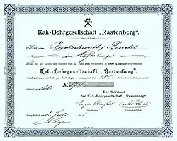 Kux-Schein der Kali-Bohrgesellschaft „Rastenberg“