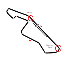 Zeichnung der Streckenführung des Kyalami Grand Prix Circuit 1977, die Unfallstellen auf der Start-Ziel-Geraden und in der ersten Kurve sind rot umkreist