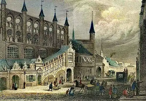 Breite Straße vom Neuen Gemach bis zur Kanzlei: Treppe mit Anbauten, Langes Haus mit durchgehender Erdgeschosswand, Stahlstich von Johann Poppel nach G.&nbsp;M.&nbsp;Kurz, 1848