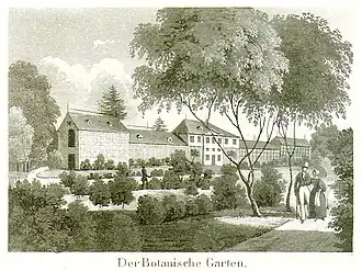 Der Botanische Garten mit dem ursprünglichen Gewächshaus-Komplex, Aquatinta-Radierung, um 1830