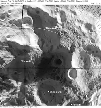 Shoemaker (unten) und Umgebung (Temperaturbild von LRO/Diviner)