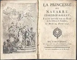 Frontispiz und Titelblatt zu La Princesse de Navarre von Voltaire im Verlag von Jean-Baptiste-Christophe Ballard