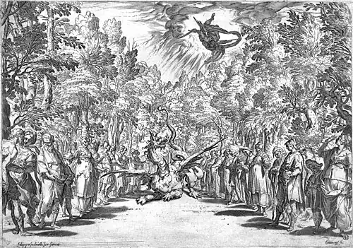 Bühnenbild für das dritte Intermedium – Der Kampf Apollons mit dem Drachen Python