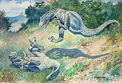 Das Bild zeigt zwei Dinosaurier der Gattung Dryptosaurus, die gegeneinander kämpfen. Der eine Dinosaurier liegt auf dem Rücken und streckt die Füße empor, der andere befindet sich im Sprung in Richtung des zweiten Dinosauriers. Links in der Ferne ist ein Berg abgebildet.