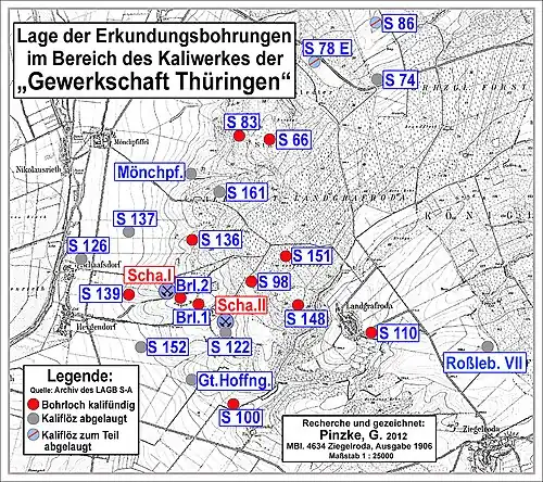 Lage der Schächte I und II der „Gewerkschaft Thüringen“ sowie relevanter geologischer Erkundungsbohrungen