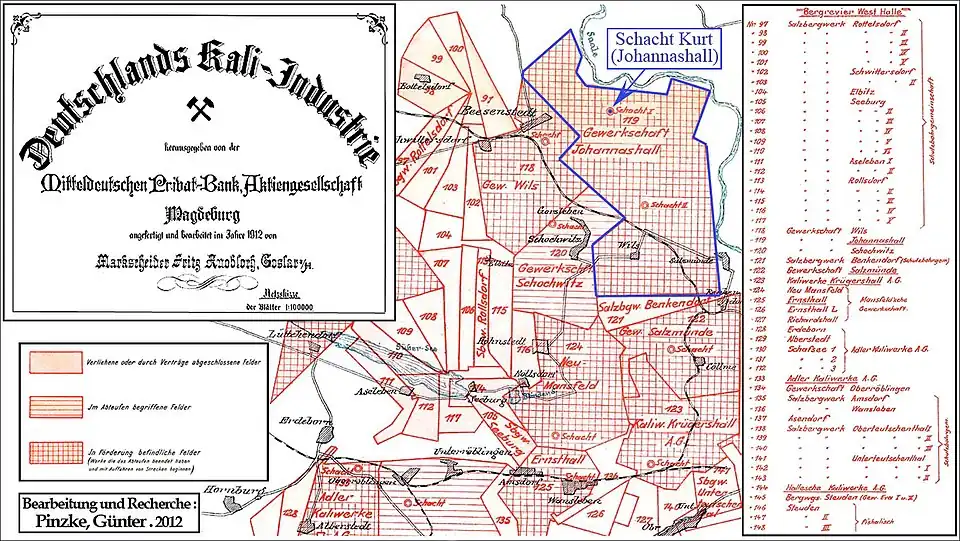Lageplan des Schachtes Kurt der „Gewerkschaft Johannashall“ und ihre Berechtsame