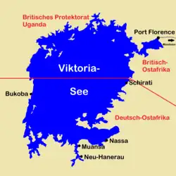 Abstrakte Landkarte des Victoriasees mit Grenzen und Ortsbezeichnungen aus der deutschen Kolonialzeit. Zu sehen sind unter anderem die Orte Bukoba, Port Florence und Muansa.