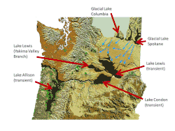 Grafik mit den topographischen Karten von Washington und Nord-Oregon, die von den Missoula-Fluten erreichten Gebiete sind markiert