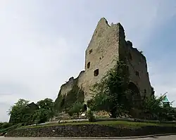 Bild 1: Blick auf die Nordseite und die östliche Giebelseite des Palas der Oberburg. An die Giebelseite des Hauptgebäudes schließt sich die hohe Ringmauer an, links im Hintergrund die Burgkapelle der Unterburg.