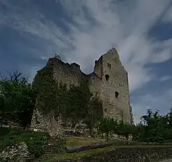 Bild 6: Ansicht der östlichen Giebelmauer des Palas der Oberburg mit Eckquaderung. Links anschließend folgt die hohe Ringmauer