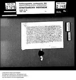 Urkunde der Belehnung von 1439 Vorderseite/Rückseite
