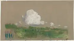 Landscape with Clouds, Pastellkreide und schwarze Kreide auf grün-grauem Velinpapier (15,6 × 26,8 cm)