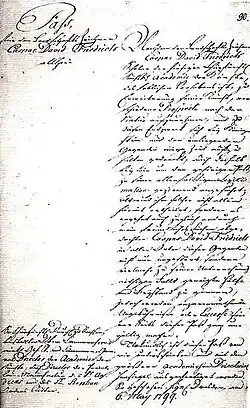 Handschriftliches Schriftstück mit der Aufschrift „Pass“. Auf der linken Spalte ist ein größeres freies Feld, so dass nur oben und unten wenig Text steht. Die rechte Spalte ist komplett vollgeschrieben und trägt unten das Datum „6.May 1799“.