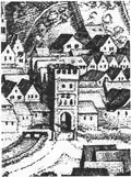 Ausschnitt aus dem Kupferstich Merians von 1642. Direkt neben dem Tor fließt die heute in diesem Bereich überdeckte Stadtmoosach.