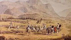 Landvogt Abraham Benoit (im roten Gewand) mit Gästen auf dem Weg nach Grindelwald (um 1760)