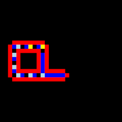 Gezeigt wird ein animierter Ablauf der ersten 151 Schritte einer Langton-Schleife. Dabei wird rechts daneben eine Tochterschleife erzeugt.