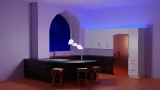 Stimmung: Blaues Grundlicht (auf den Ober- und Hoch­schränken, linear)