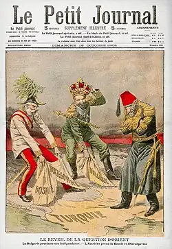 1908: Bosnische Annexionskrise, von links nach rechts: Kaiser Franz Joseph von Österreich-Ungarn, Zar Ferdinand von Bulgarien, Sultan Abdülhamid&nbsp;II.