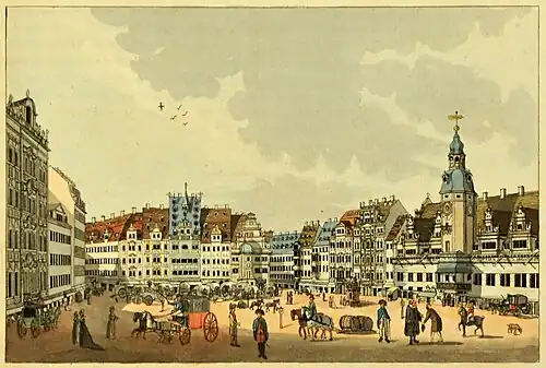 Der Markt in Leipzig aus der Petersstraße, 1804