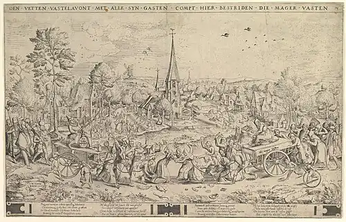 Kampf von Fasten und Karneval, Hieronymus Cock nach Frans Hogenberg 1558