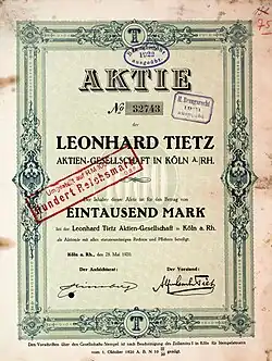 Aktie über 1000 Mark der Leonhard Tietz AG vom 28. Mai 1920