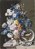 Leopold Zinnögger – Blumenstillleben mit Goldfischglas (19. Jahrhundert)