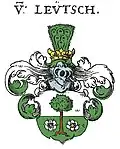 Wappen "V. Leutsch". Aus: Johann Siebmacher: Erneuert- und Vermehrtes Wappen-Buch [...]. Paul Fürst, Nürnberg 1695, Bl. 153. (nachkoloriert)