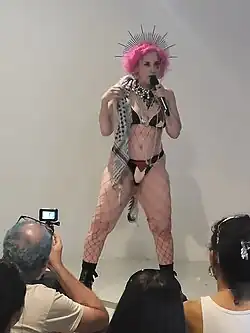 Ganzkörperaufnahme von Liad Hussein Kantorowicz, die ein Palästinensertuch, eine Netzstrumpfhose, einen Kopfkranz und einen Bikini in den Flaggenfarben Palästinas trägt und in ein Mikrofon spricht.