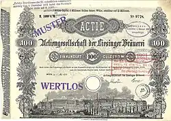 Gründeraktie der Actiengesellschaft der Liesinger Bräuerei über 100 Gulden, ausgegeben am 1. Mai 1872, unterschrieben von dem Großindustriellen Moritz Faber als General-Director