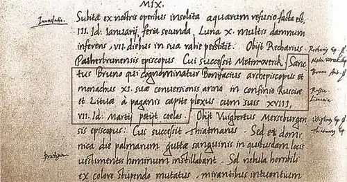 Ausschnitt aus einem handschriftlichen Manuskript in Latein mit Randnotizen und einem eingerahmten Satz.