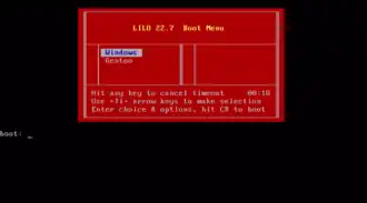 LILO-Bootmenü mit Windows als Standardauswahl und der Möglichkeit, innerhalb von 18 Sekunden eine andere Plattform auszuwählen