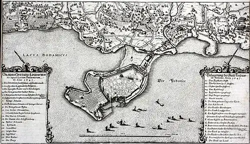 Karte der Insel Lindau von 1650, zeigt die Belagerung von 1647
