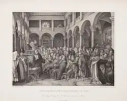 Lithografie zur Bekehrung der Juden in Rom. Datierung: 1823–1830. In der Sammlung des Jüdischen Museums der Schweiz.