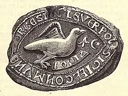 Abbildung des Siegels der Stadt Liverpool aus dem 13. Jh. (verloren im Englischen Bürgerkrieg). Das ovale Siegel zeigt einen Alken-artigen Vogel mit einem Zweig und einem Halbmond und Stern, umrandet durch einen Schriftzug.