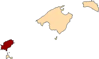 Lage von Lage Ibizas in Bezug auf die Balearen in den Balearischen Inseln (anklickbare Karte)