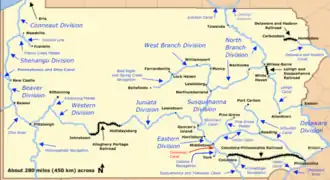 Karte der Kanäle in Pennsylvania. Der Conewago-Kanal befand sich beim roten Pfeil