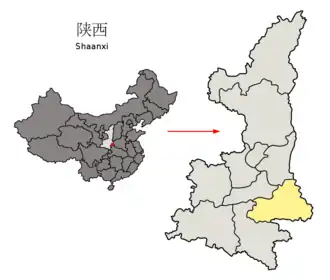 Lage der bezirksfreien Stadt Shangluo (gelb) in der Provinz Shaanxi