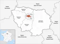 Grafik der Region Île-de-France mit ihren acht Départements, in deren Mitte das Département Paris liegt. Die fünf angrenzenden Regionen sind eingezeichnet. Unten links zeigt eine Einliegekarte die Lage der Île-de-France, rot markiert, innerhalb Kontinental-Frankreichs.