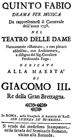 Nicola Logroscino – Quinto Fabio Titelseite des Librettos – Rom 1738