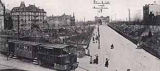 Lokalbahnlok 'FRIESENHEIM' (später 99 084) um 1900 am Ludwigshafener Jubiläumsbrunnen beim Kleinbahnhof Ludwigshafen-Brücke
