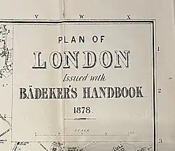 Baedeker's London, 1878: Errata-Zettel und Ausschnitt aus dem „Plan of London issued with Bädeker's Handbook“ (Online-Gesamtansicht)