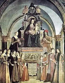 Lorenzo Costa der Ältere, Thronende Madonna mit den Stiftern Giovanni und Ginevra Bentivoglio mit 11 ihrer 16 Kinder